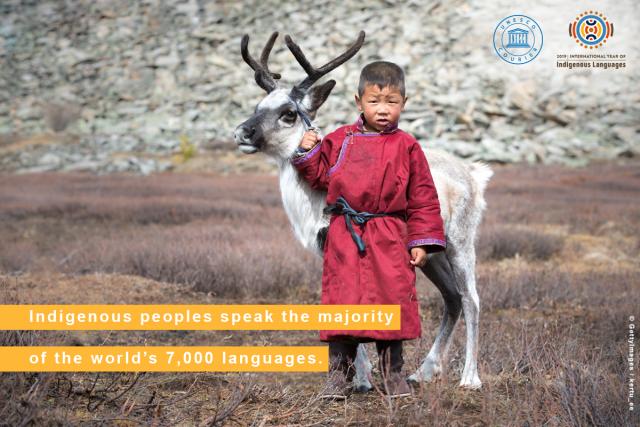 Child on banner that says Indigenous Language make up the majority of the 7,000 of the world's languages