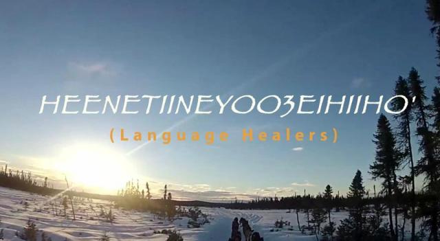 Winter landscape that says Heenetiineyoo3eihiiho' (Language Healers)